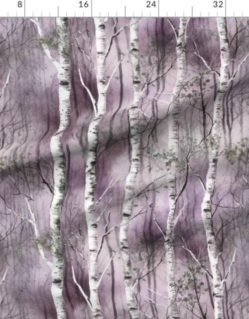 Fabric in Endless Silver Birch Tree Dreamscape in Misty Lilac and Moss Green Fabric