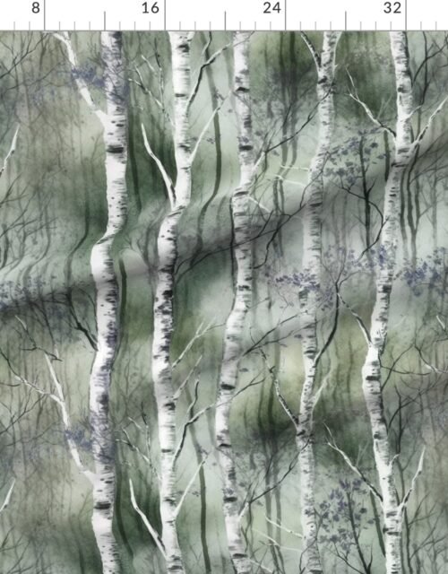 Fabric in Endless Silver Birch Tree Dreamscape in Misty Green and Lavender Fabric