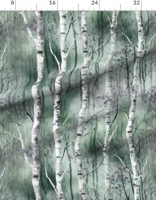 Fabric in Endless Silver Birch Tree Dreamscape in Misty Green and Soft Lavender Fabric