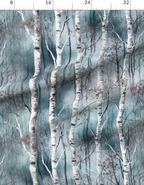 Endless Silver Birch Tree Dreamscape in Misty Teal and Soft Red