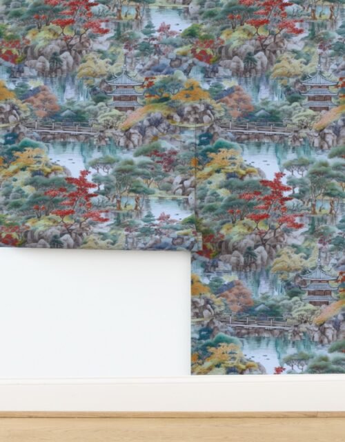 Japanese Autumn Water Garden Watercolor with Temples in Soft Blue and Red Wallpaper