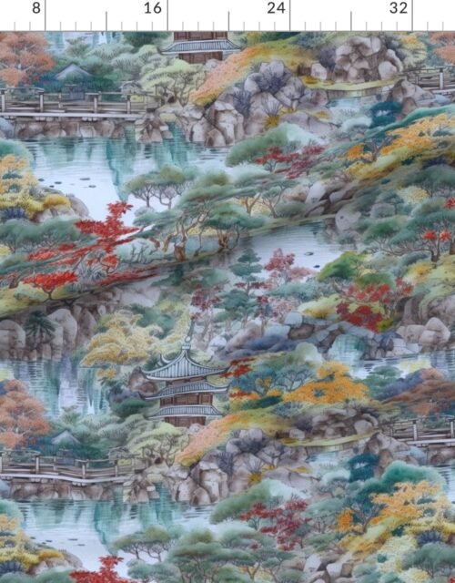 Japanese Autumn Water Garden Watercolor with Temples in Soft Blue and Red