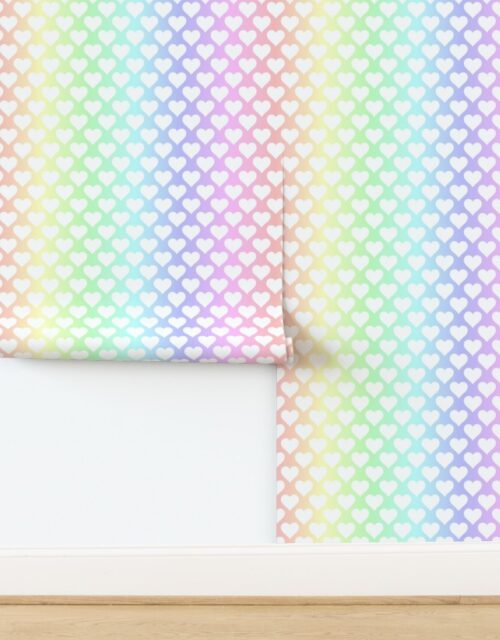 Rainbow Heart Symphony in Pastels on White Wallpaper
