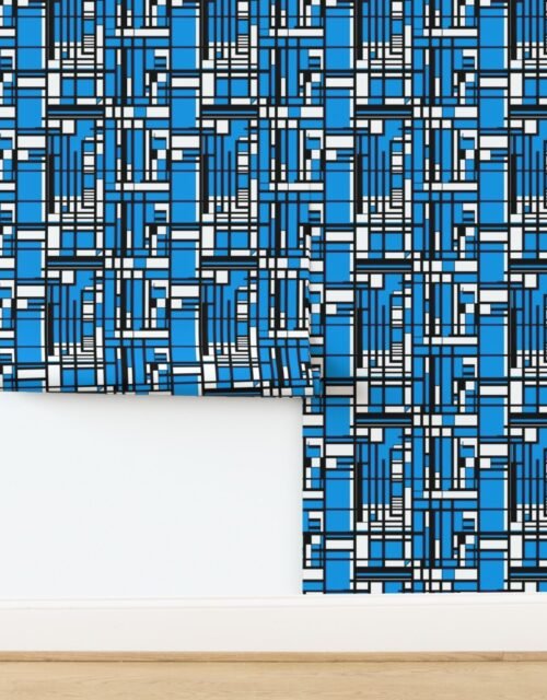 Cyan Blue Modernist City Blocks Geometric Pattern Wallpaper