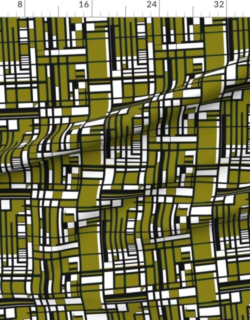 Fabric in Olive Green Modernist City Blocks Geometric Pattern Fabric