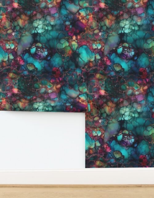 Inky Opal Swirl with Teal Blue and Metallic Gold Veins Wallpaper
