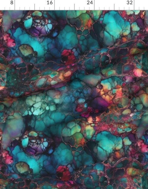 Fabric in Inky Opal Swirl with Teal Blue and Metallic Gold Veins Fabric