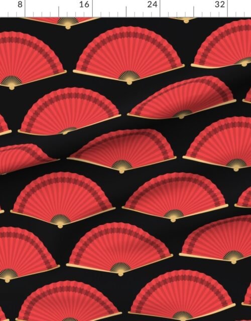Fabric in Chinese Red Folding Fans Pattern on Black Background Fabric