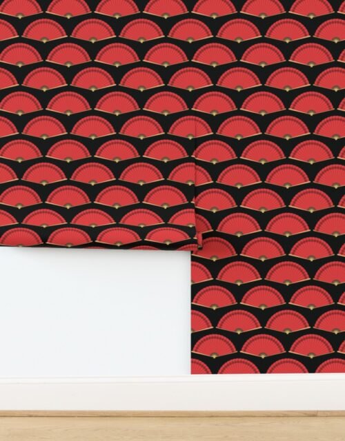 Small Chinese Red Folding Fans on Black Background Wallpaper