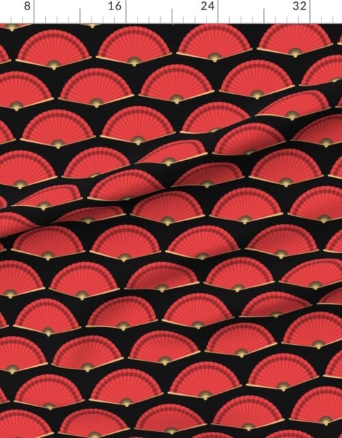 Fabric in Small Chinese Red Folding Fans on Black Background Fabric