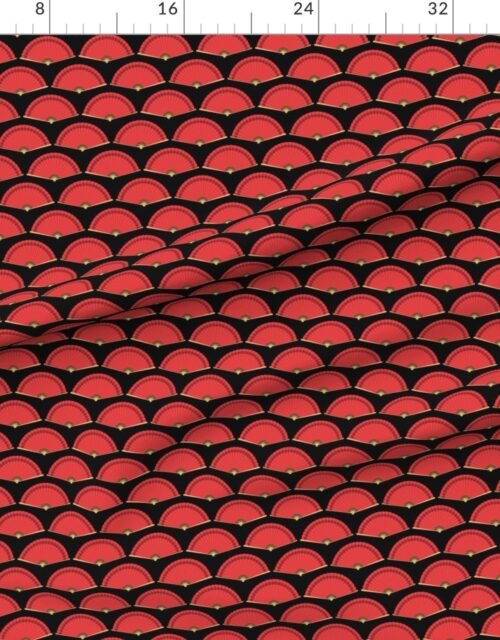 Fabric in Mini Chinese Red Folding Fans on Black Background Fabric