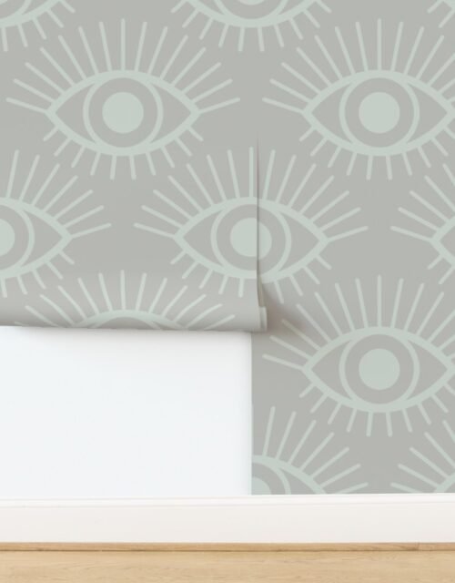Mystical Eye Symbols in Pale Sage Green and Driftwood Grey Wallpaper