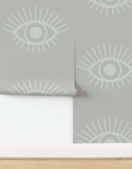 Spaced Mystical Eye Symbols in Pale Sage Green and Driftwood Grey Wallpaper