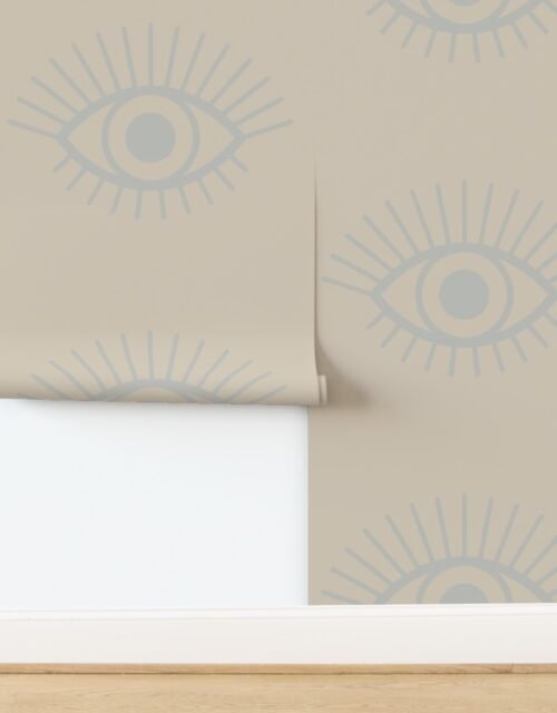 Spaced Mystical Eye Symbols in Pale Sage Green and Driftwood Grey Wallpaper