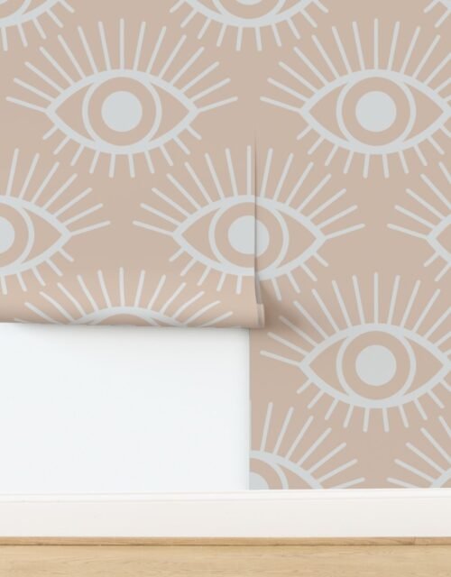 Mystical Eye Symbols in Muted Clay Pink and Cloud Grey Wallpaper