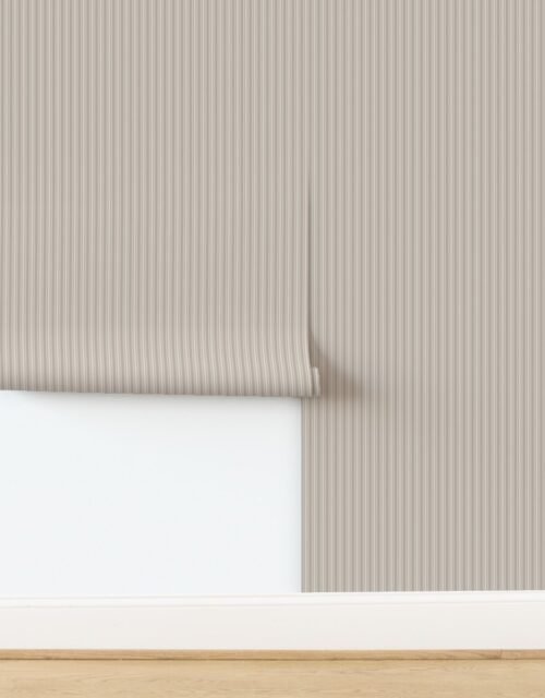 Sandstone Cream Thin Ticking Stripes on Misty Taupe Wallpaper