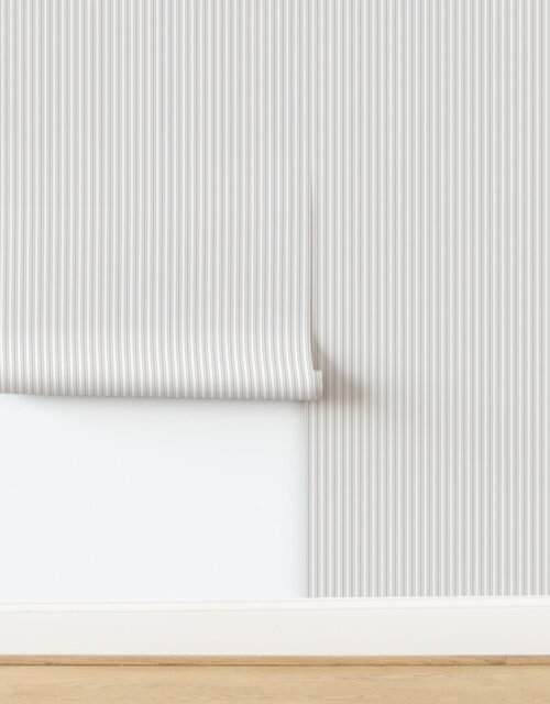Misty Taupe Thin Ticking Stripes on White Wallpaper