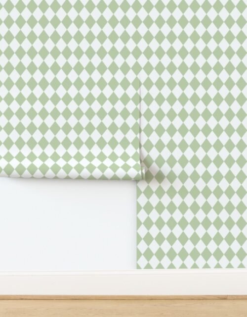 Small Pastel Pistachio Green Drift Diamonds on White Wallpaper