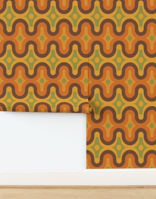 Mod Geometric Waves in Burnt Orange and Avocado 70s Revival Wallpaper