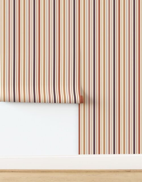 Vertical Ticking Stripe in Burnt Terracotta Clay Shades on Cream Wallpaper