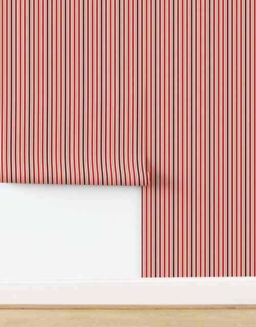 Small Vertical Ticking Stripe in Cherry Red Burgundy and Cream Wallpaper