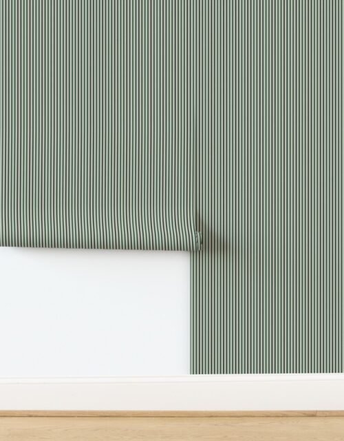 Mini Vertical Ticking Stripe in Forest Pine Green Shades on Cream Wallpaper