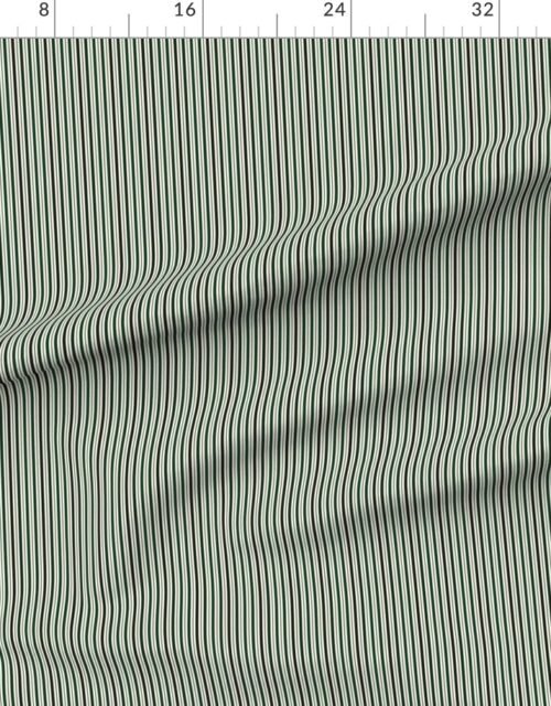 Fabric in Mini Vertical Ticking Stripe in Forest Pine Green Shades on Cream