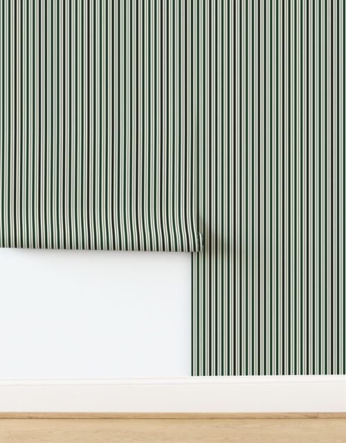 Small Vertical Ticking Stripe in Forest Pine Green Shades on Cream Wallpaper
