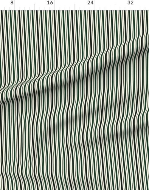 Fabric in Small Vertical Ticking Stripe in Forest Pine Green Shades on Cream