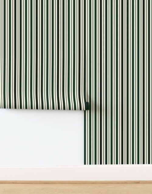 Vertical Ticking Stripe in Forest Pine Green Shades on Cream Wallpaper