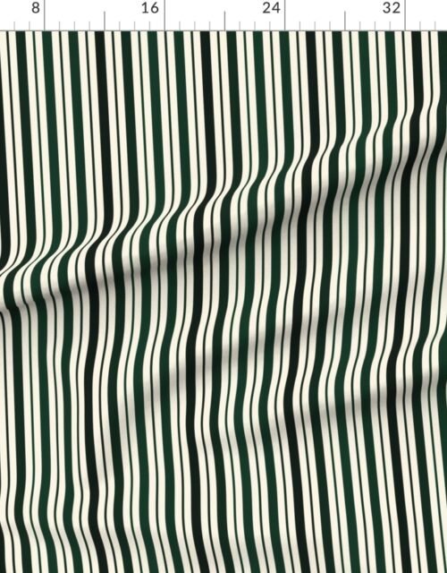 Fabric in Vertical Ticking Stripe in Forest Pine Green Shades on Cream