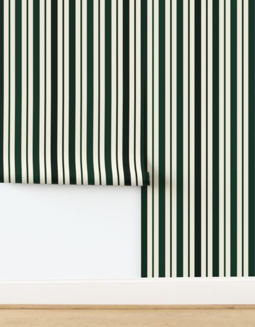 Vertical Ticking Stripe in Forest Pine Green Shades on Cream Wallpaper
