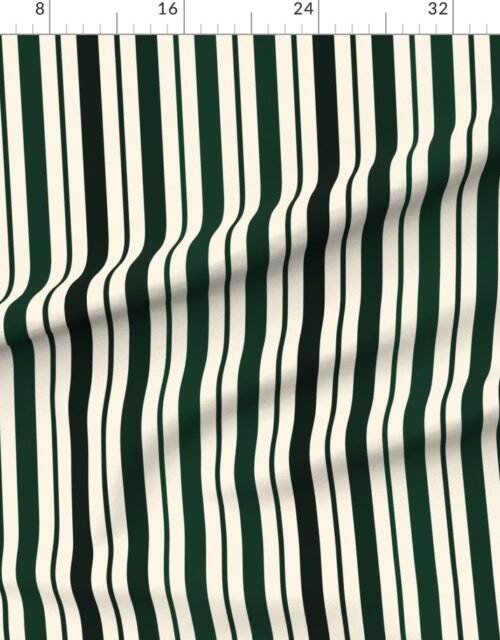 Fabric in Vertical Ticking Stripe in Forest Pine Green Shades on Cream