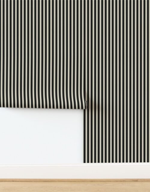 Serrated Squid Ink Black Small Stripe on Cream Wallpaper