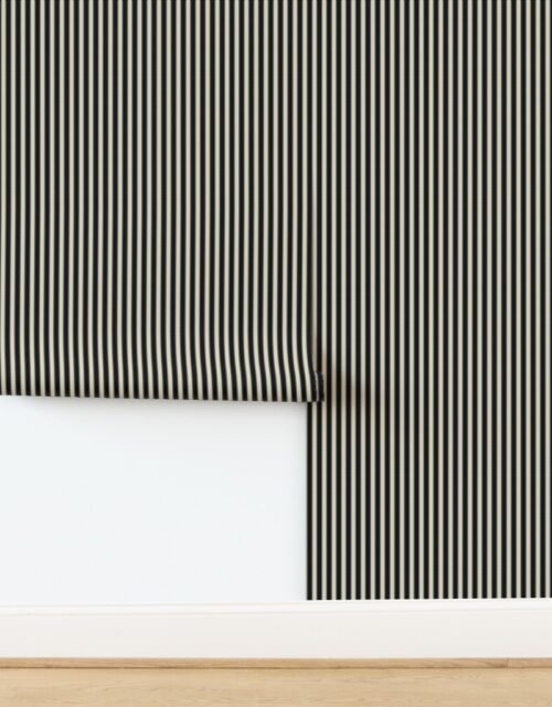 Serrated Squid Ink Black Mini Stripe on Cream Wallpaper