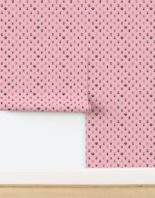 Black Stick Figure Halloween Parade on Ghostly Pink Wallpaper