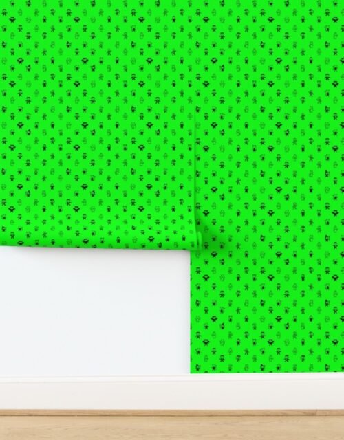 Black Stick Figure Halloween Parade on Slime Green Wallpaper