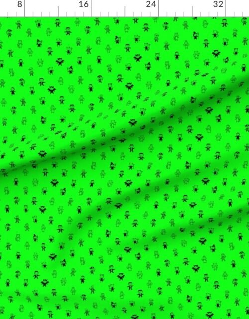 Fabric in Black Stick Figure Halloween Parade on Slime Green