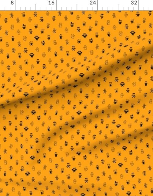 Fabric in Black Stick Figure Halloween Parade on Pumpkin Orange