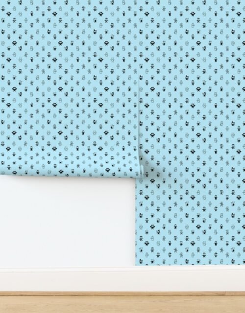 Black on Baby Blue Stick Figure Halloween Costume Parade Pattern Wallpaper