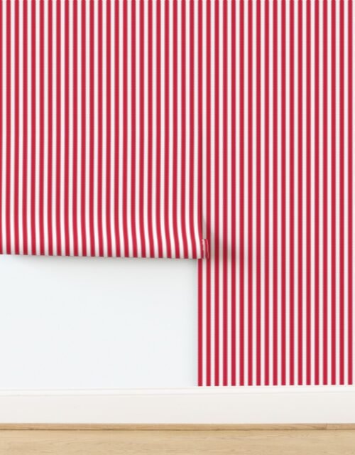 Serrated Peppermint Red Small Stripe on White Wallpaper