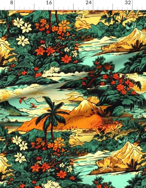 Fabric in Vintage Hawaiian Tropical Floral Landscape in Bright Volcano Sunset Colors