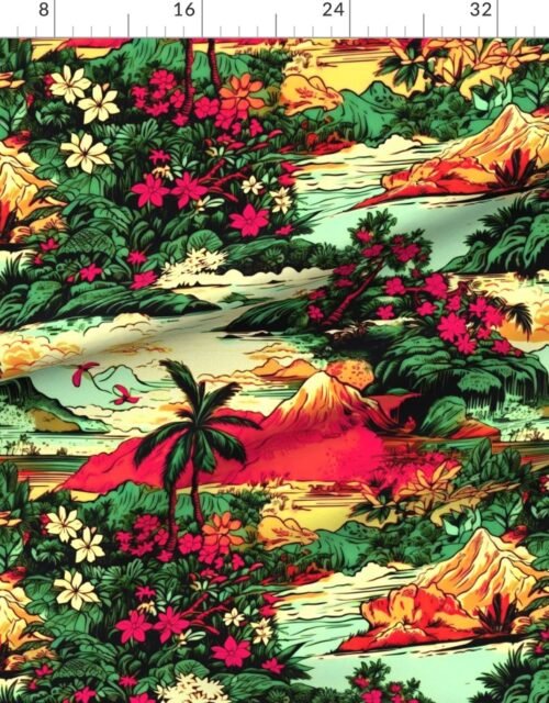 Fabric in Vintage Hawaiian Tropical Floral Landscape in Magenta and Emerald Sunset To