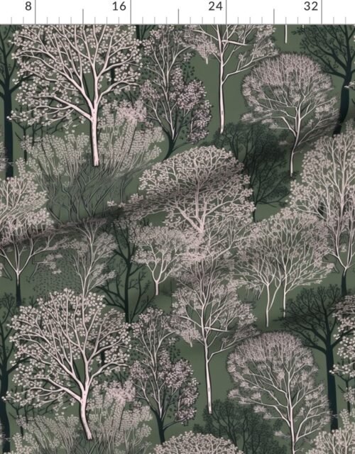 Fabric in New England Endless Forest Trees in Mossy Green Winter