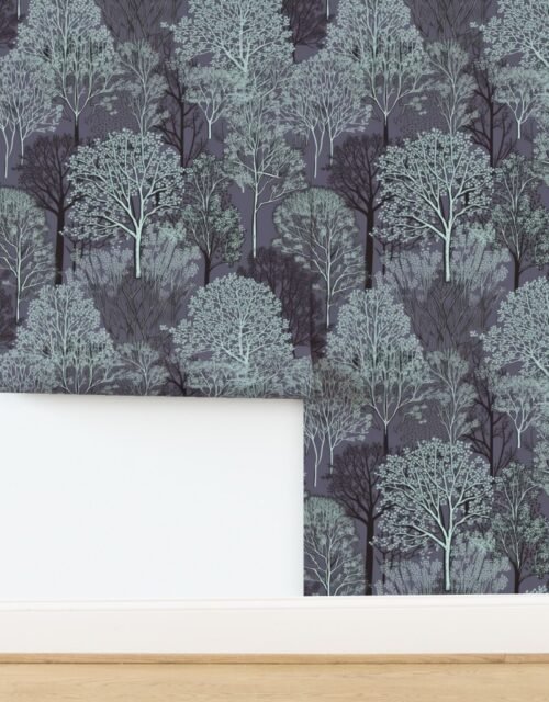 New England Endless Forest Trees in Twilight Blue Winter Wallpaper