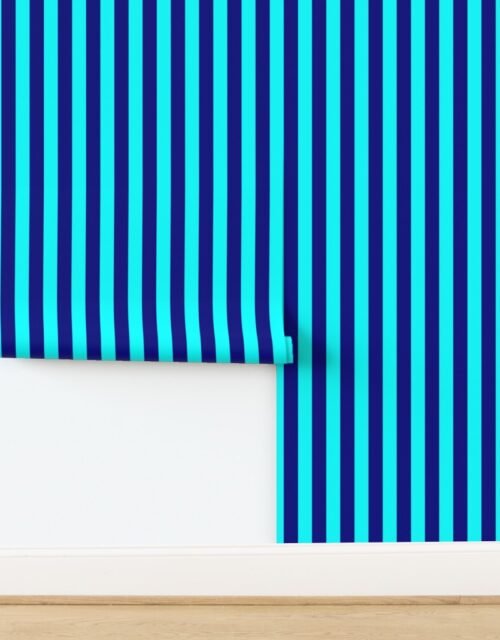 Bold Coastal Classic Navy Blue and Aqua Cabana Tent Stripe Wallpaper