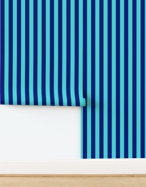 Bold Coastal Classic Navy Blue and Turquoise Cabana Tent Stripe Wallpaper