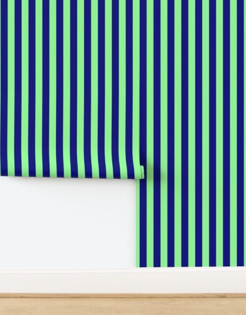 Bold Coastal Classic Navy Blue and Mint Green Cabana Tent Stripe Wallpaper