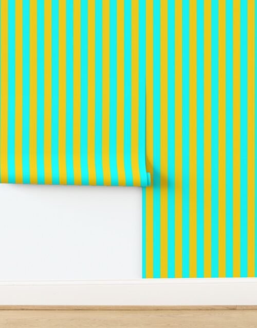 Bold Coastal Classic Yellow and Aqua Cabana Tent Stripe Wallpaper