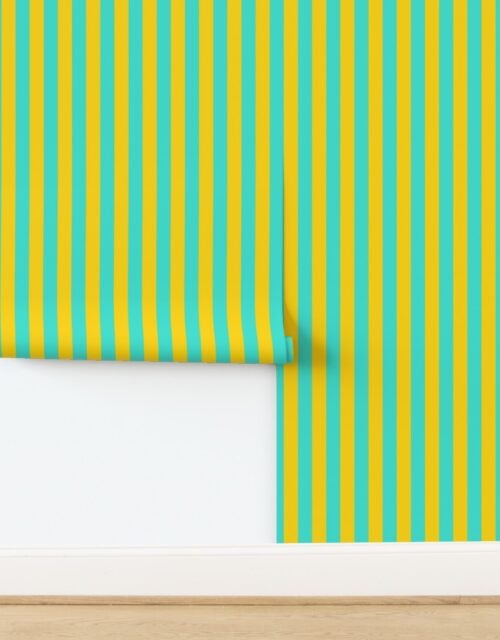 Bold Coastal Classic Yellow and Turquoise Cabana Tent Stripe Wallpaper